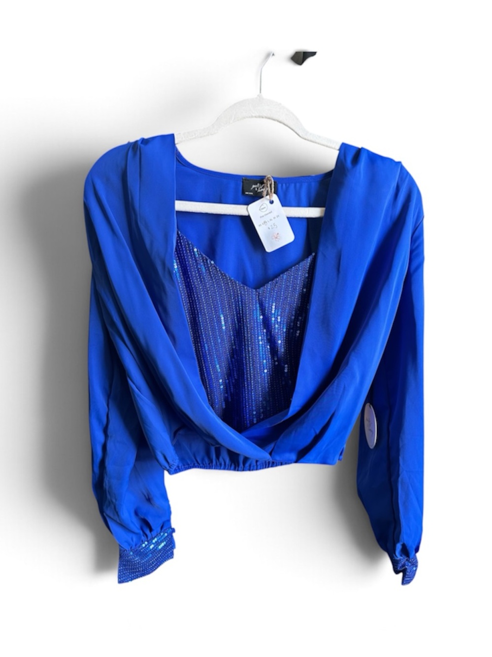 Bold Royal Blue Draped Blouse with Sequin Camisole